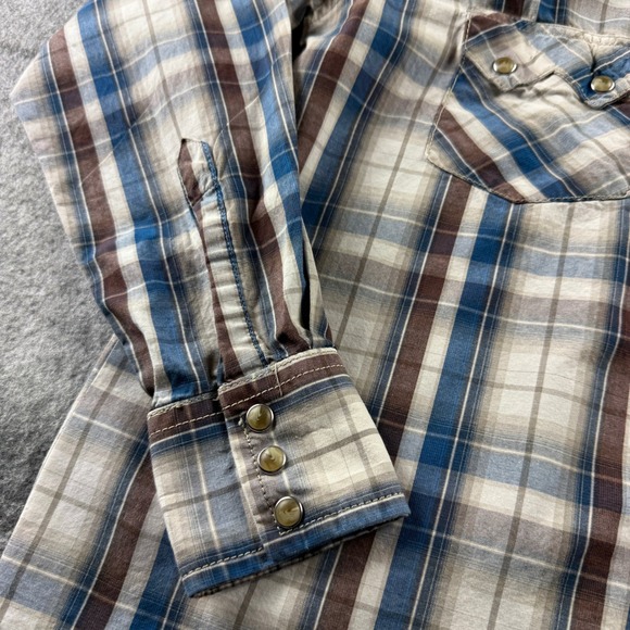 Wrangler Mens Western Blue Brown Plaid Pearl Snap Long Sleeve Shirt Medium - Picture 8 of 14